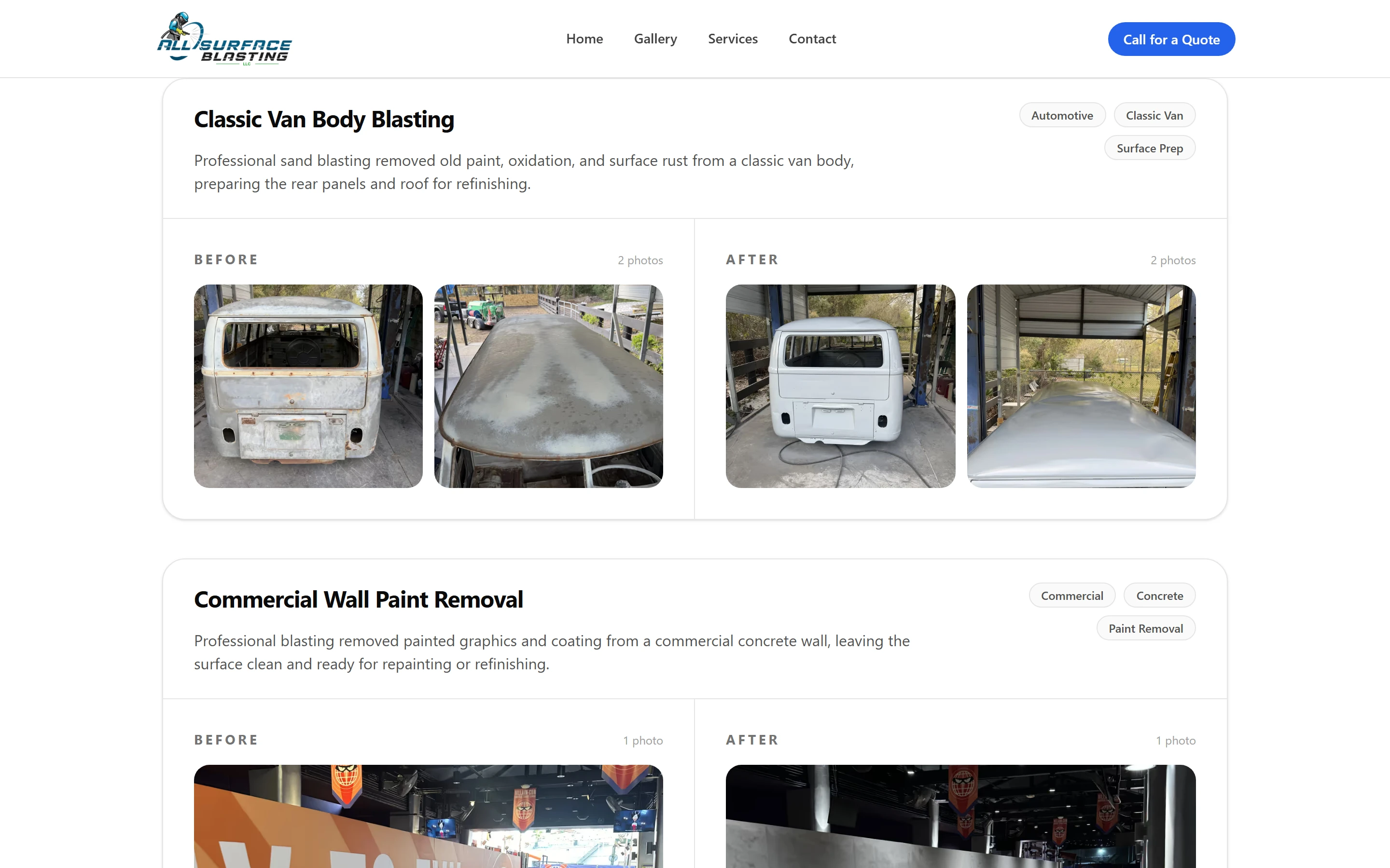 The gallery page scrolled to the first before-and-after project card: a title, a short description and tag pills above side-by-side Before and After photo columns of a sandblasted job.
