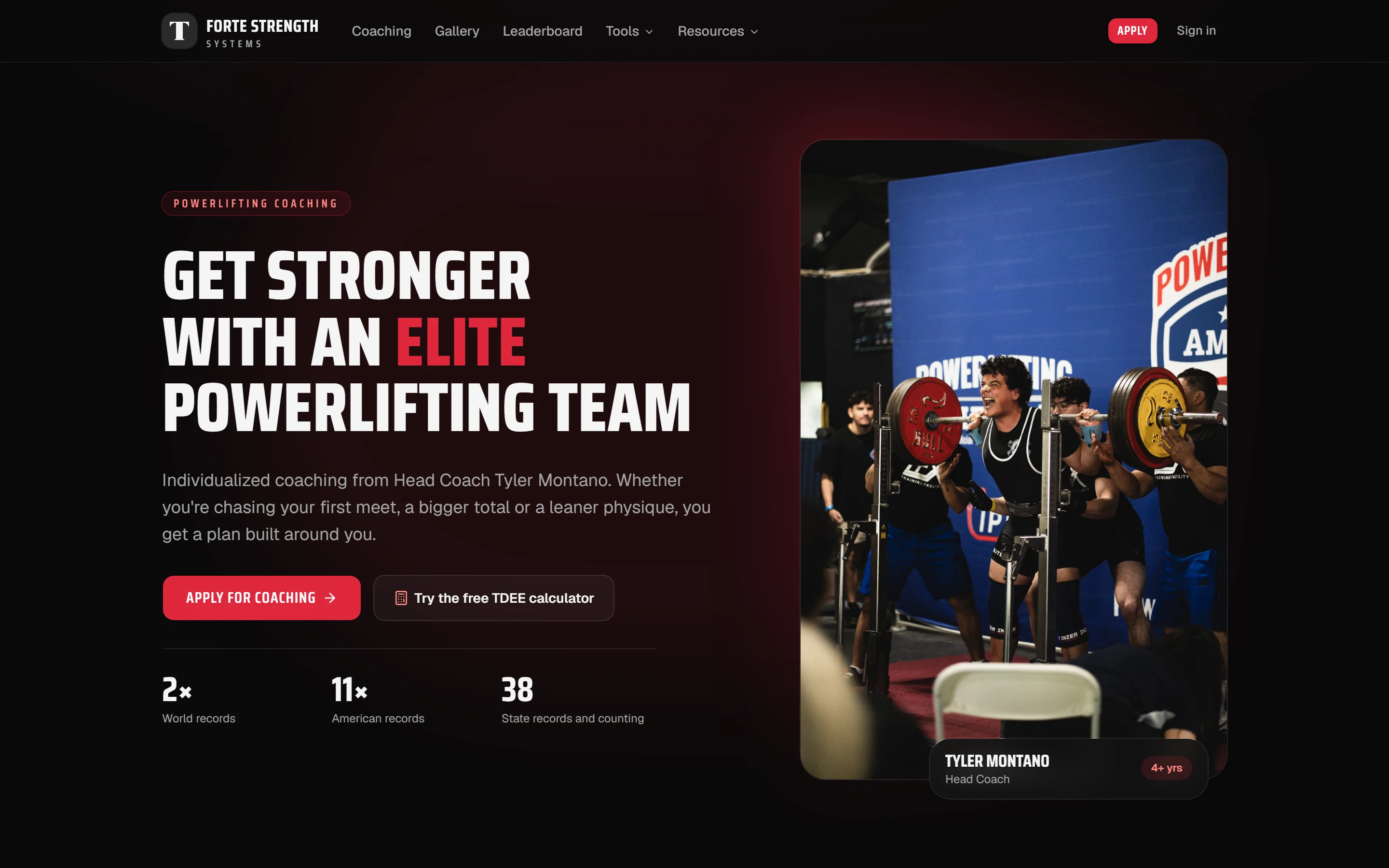 Forte Strength landing page: a dark hero with the coaching headline, the red brand accent and the call to action to apply.