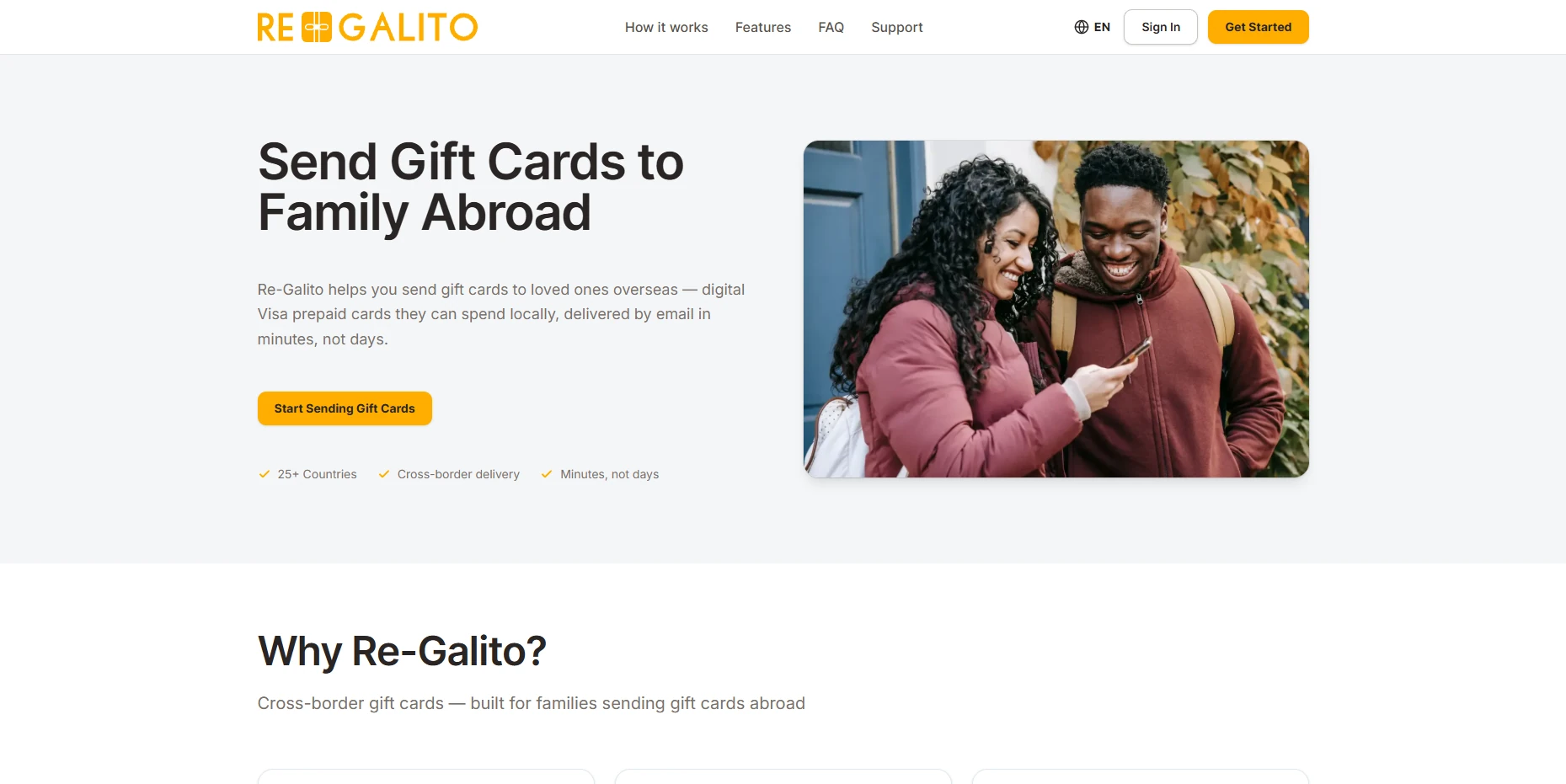 Re-Galito landing page in English: the headline Send Gift Cards to Family Abroad, a Start Sending Gift Cards button and a photo of two people reading a phone together.